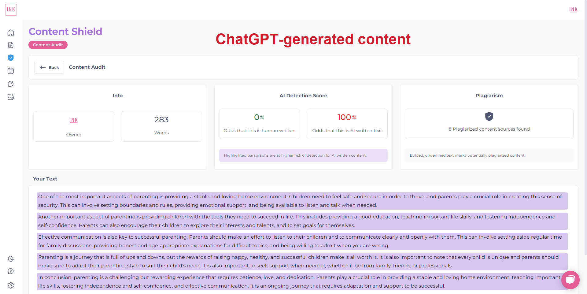 ChatGPT content detected as AI written